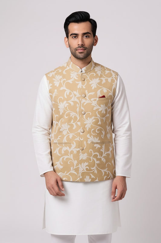 Men’s Beige Floral Embroidered Nehru Jacket – Elegant Festive & Wedding Wear