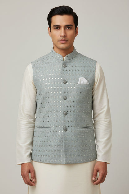 Men’s Sea Green Mirror Work Nehru Jacket – Elegant Wedding & Festive Wear