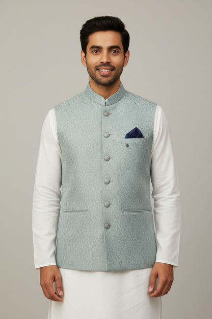 Men’s Mint Blue Jacquard Nehru Jacket – Elegant Festive & Wedding Wear