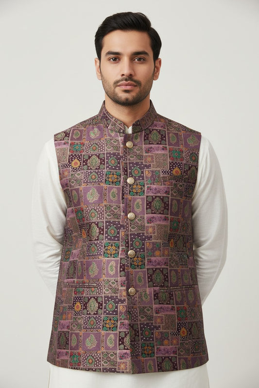 Men’s Multicolor Mosaic Printed Nehru Jacket – Designer Festive & Wedding Wear