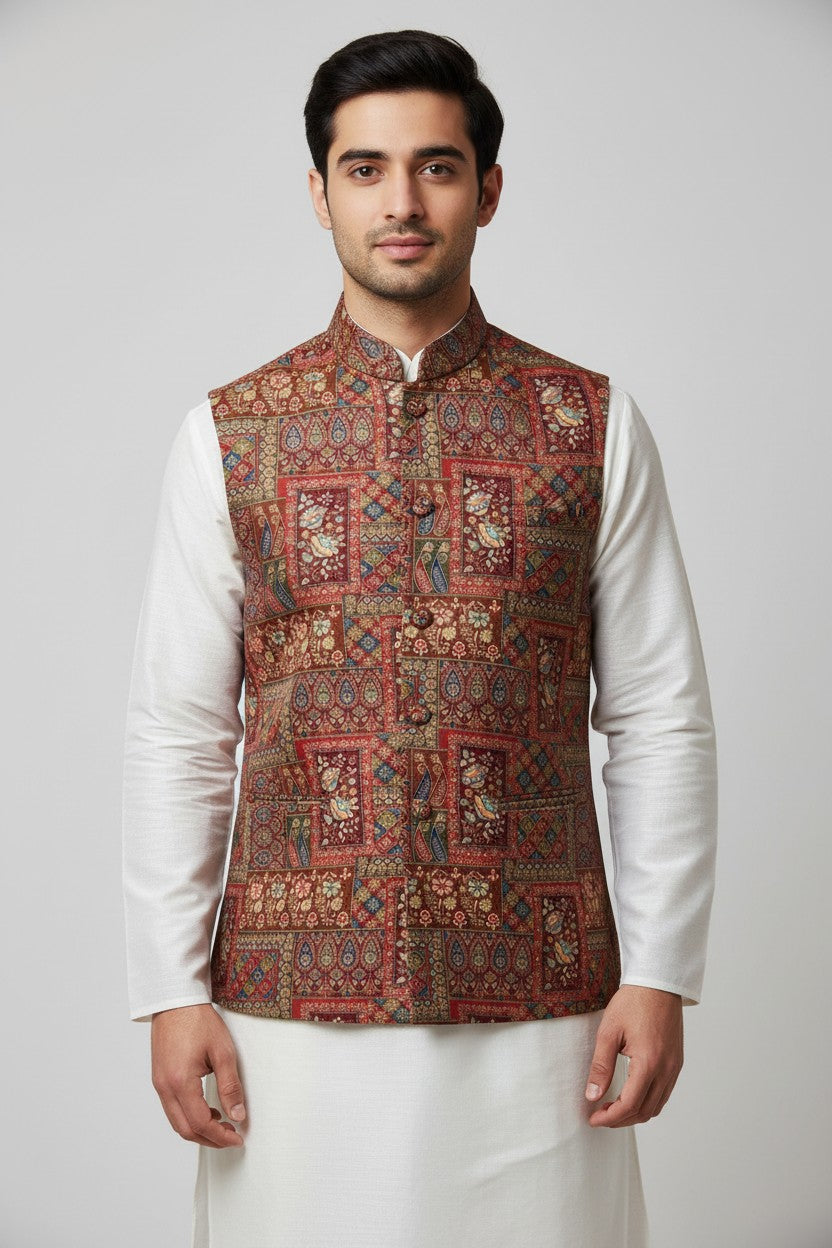 Men’s Maroon Multicolor Tapestry Printed Nehru Jacket – Designer Festive Wear