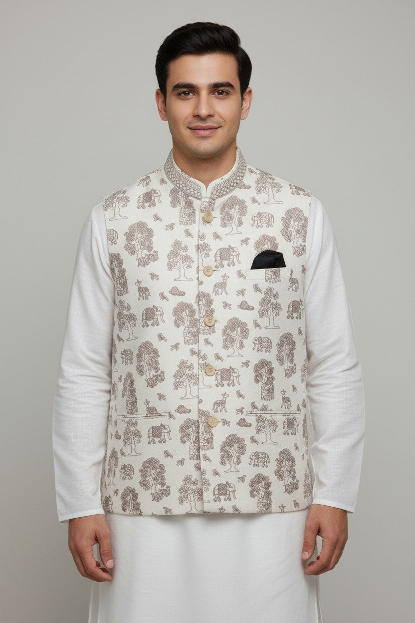 Men’s Cream Wildlife Print Nehru Jacket – Elephant & Forest Motif Waistcoat