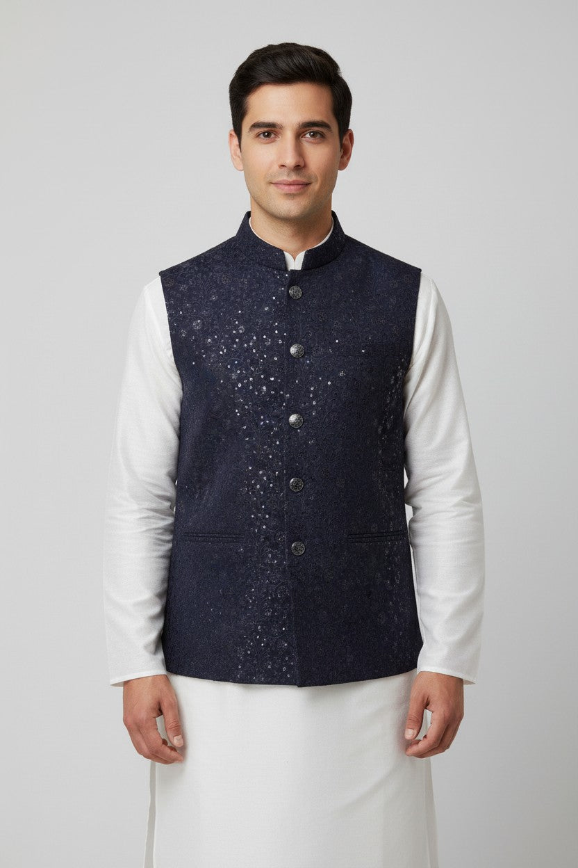 Men’s Midnight Navy Sequin-Embellished Nehru Jacket – Festive Jacquard Waistcoat