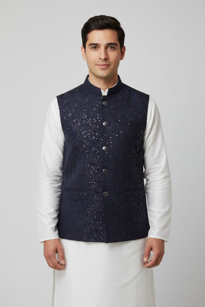 Men’s Midnight Navy Sequin-Embellished Nehru Jacket – Festive Jacquard Waistcoat