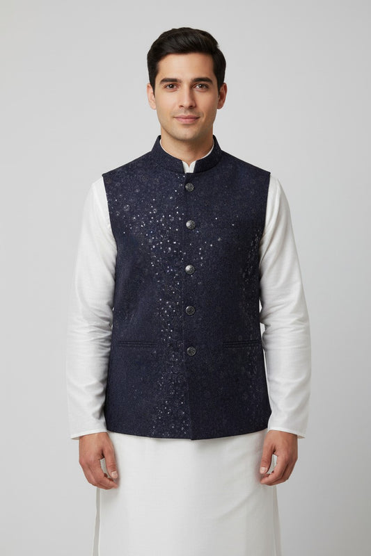 Men’s Midnight Navy Sequin-Embellished Nehru Jacket – Festive Jacquard Waistcoat