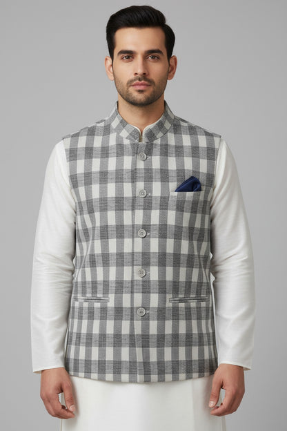 Men’s Grey Checkered Nehru Jacket – Classic Plaid Formal & Festive Wear