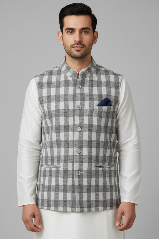 Men’s Grey Checkered Nehru Jacket – Classic Plaid Formal & Festive Wear