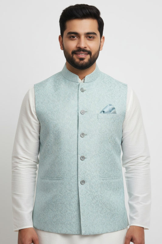 Men’s Sky Blue Jacquard Nehru Jacket – Elegant Festive & Wedding Wear