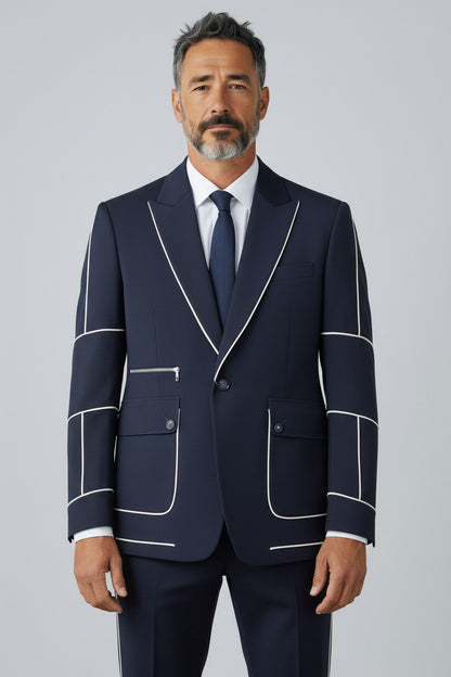 Men’s Navy Contrast Piping Suit – Modern Designer Formal Wear