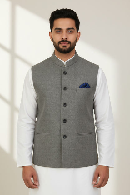 Men’s Charcoal Grey Textured Nehru Jacket – Classic Formal & Ethnic Wear