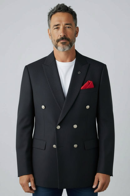 Men’s Black Double-Breasted Pinstripe Blazer – Tailored Formal Jacket