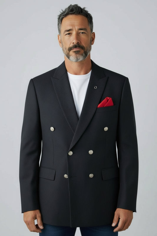 Men’s Black Double-Breasted Pinstripe Blazer – Tailored Formal Jacket