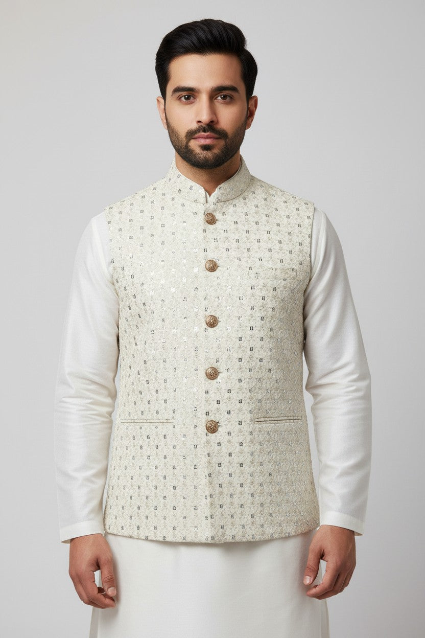 Men’s Ivory Sequin Embroidered Nehru Jacket – Luxe Wedding & Festive Wear