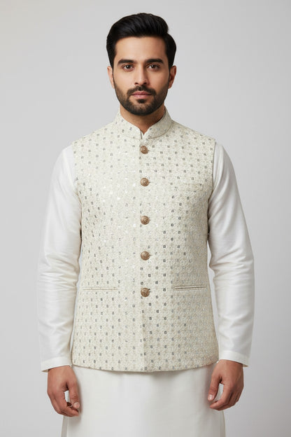 Men’s Ivory Sequin Embroidered Nehru Jacket – Luxe Wedding & Festive Wear
