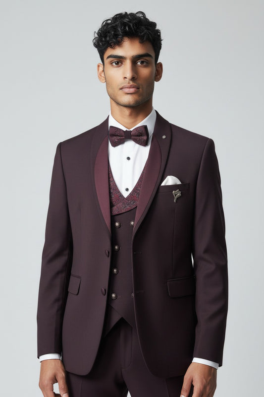 Men’s Maroon Embroidered 5-Piece Tuxedo Set – Luxury Wedding & Reception Suit