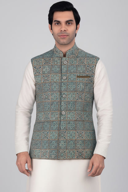 Men’s Teal Mosaic Embroidered Nehru Jacket – Designer Festive & Wedding Wear