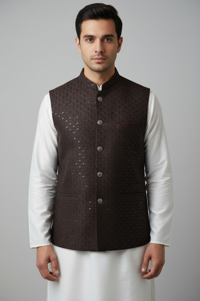 Men’s Chocolate Brown Sequin-Embellished Nehru Jacket – Elegant Festive Wear