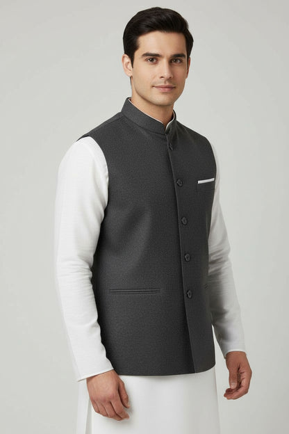 Men’s Charcoal Textured Nehru Jacket – Classic Formal Waistcoat