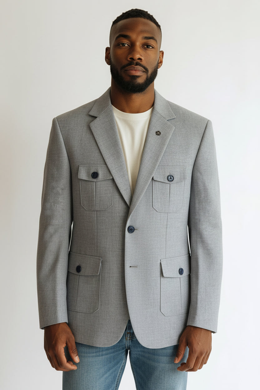 Men’s Light Grey Utility Pocket Blazer – Modern Smart Casual Jacket