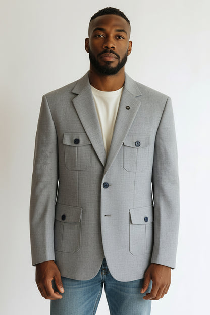 Men’s Light Grey Utility Pocket Blazer – Modern Smart Casual Jacket