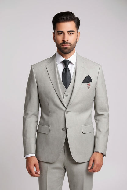 Men’s Light Sand Grey 3-Piece Suit – Modern Fit Formal Wear