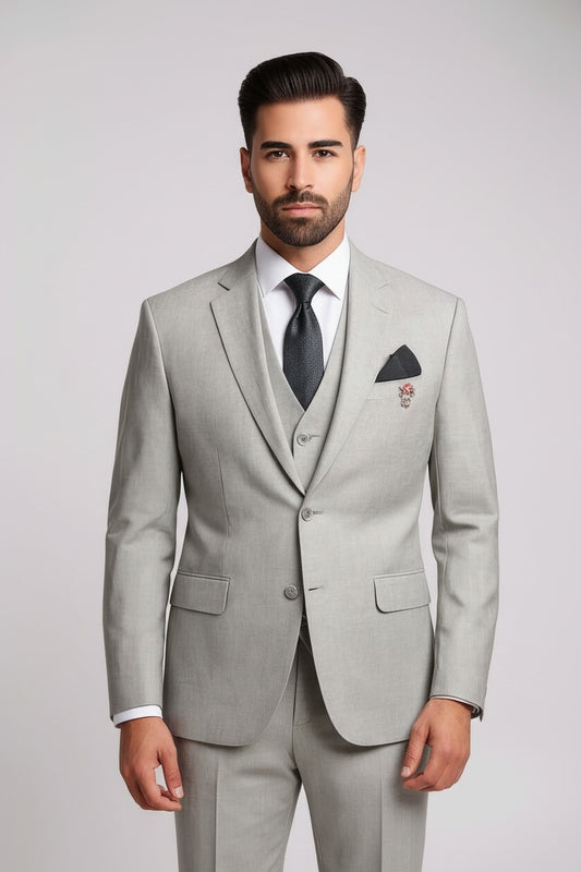 Men’s Light Sand Grey 3-Piece Suit – Modern Fit Formal Wear