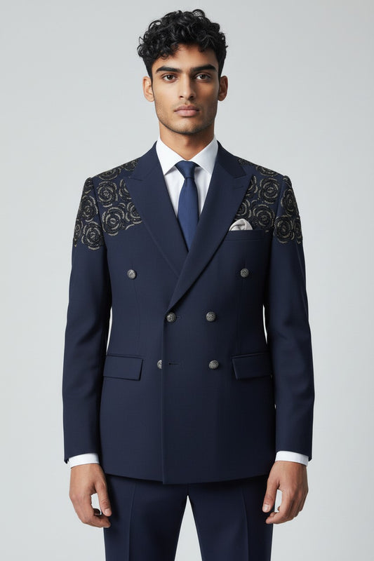 Men’s Navy Double-Breasted Embroidered Suit – Designer Formalwear
