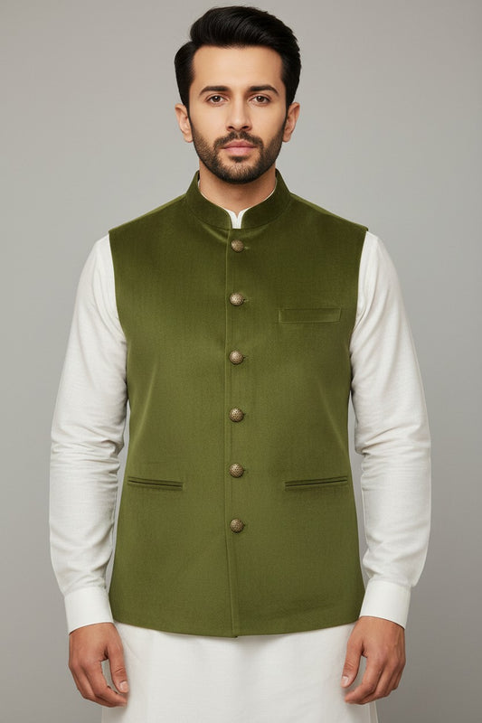 Men’s Olive Green Classic Nehru Jacket – Premium Festive & Wedding Wear