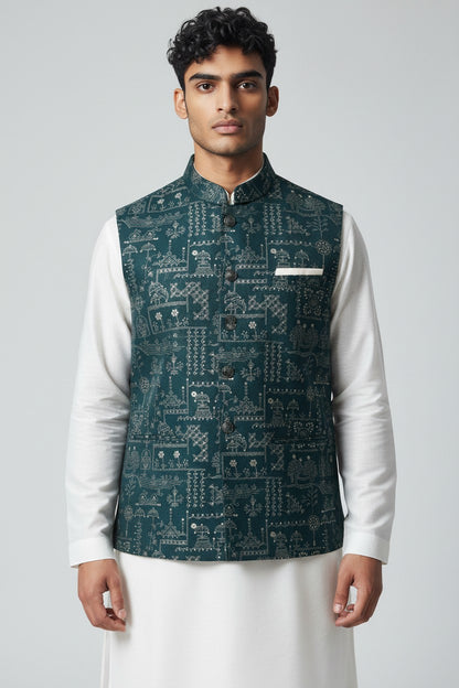 Men’s Deep Teal Heritage Print Nehru Jacket – Designer Festive & Wedding Wear