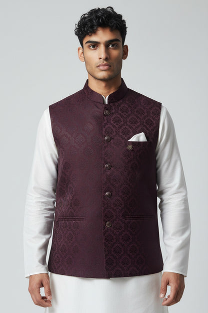 Men’s Deep Purple Jacquard Nehru Jacket – Royal Festive Waistcoat