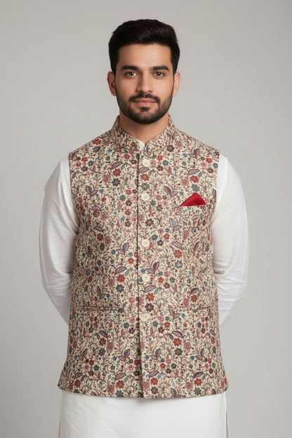Men’s Cream Multicolour Floral Nehru Jacket – Elegant Festive Waistcoat