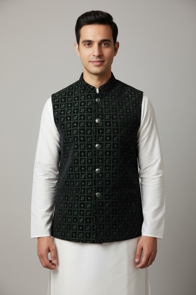 Men’s Dark Green Geometric Embroidered Nehru Jacket – Festive & Wedding Wear