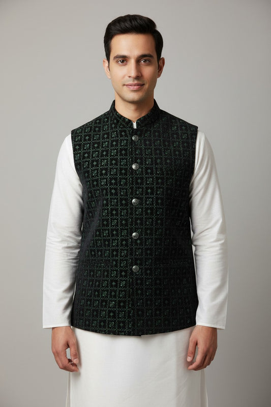 Men’s Dark Green Geometric Embroidered Nehru Jacket – Festive & Wedding Wear