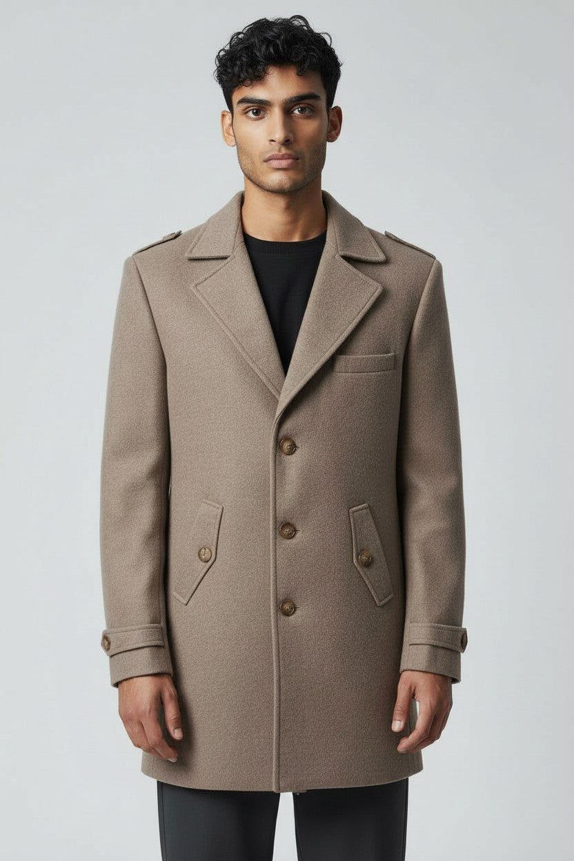 Men’s Taupe Wool Overcoat – Classic Tailored Winter Coat