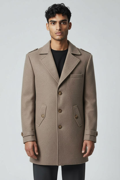 Men’s Taupe Wool Overcoat – Classic Tailored Winter Coat