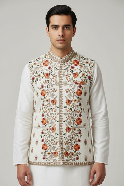 Men’s Ivory Multicolor Floral Embroidered Nehru Jacket – Festive & Wedding Wear