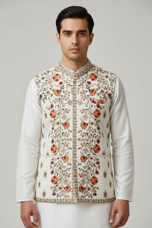 Men’s Ivory Multicolor Floral Embroidered Nehru Jacket – Festive & Wedding Wear