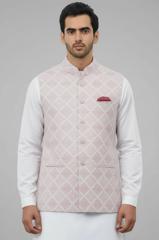 Men’s Pastel Pink Geometric Printed Nehru Jacket – Wedding & Festive Wear