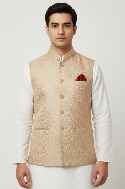 Men’s Beige Gold Jacquard Nehru Jacket – Classic Wedding & Festive Wear