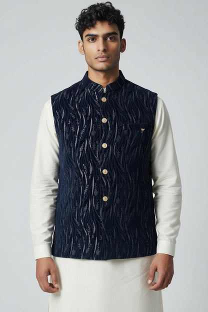 Men’s Navy Textured Embroidered Nehru Jacket – Luxe Festive & Wedding Wear