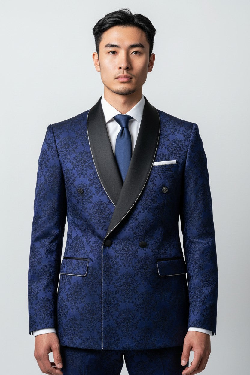 Men’s Royal Blue Jacquard Double-Breasted Tuxedo