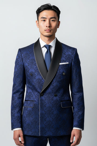 Men’s Royal Blue Jacquard Double-Breasted Tuxedo