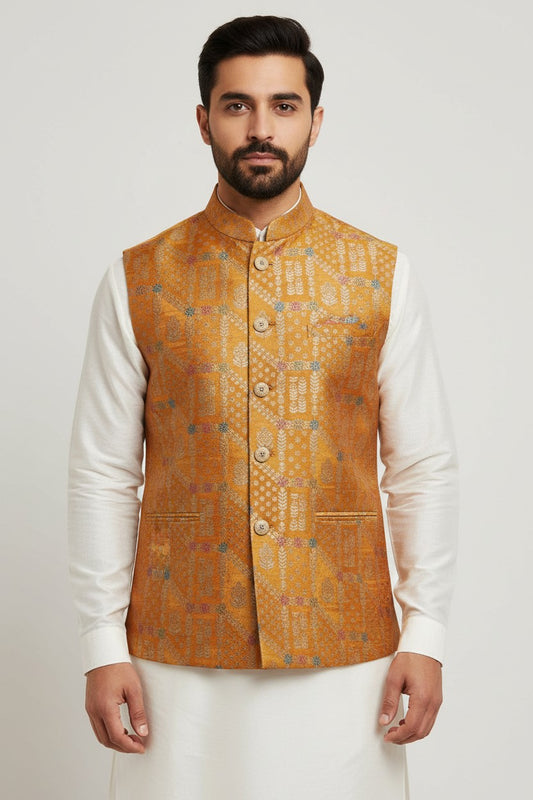 Men’s Mustard Gold Woven Nehru Jacket – Festive Ethnic Waistcoat