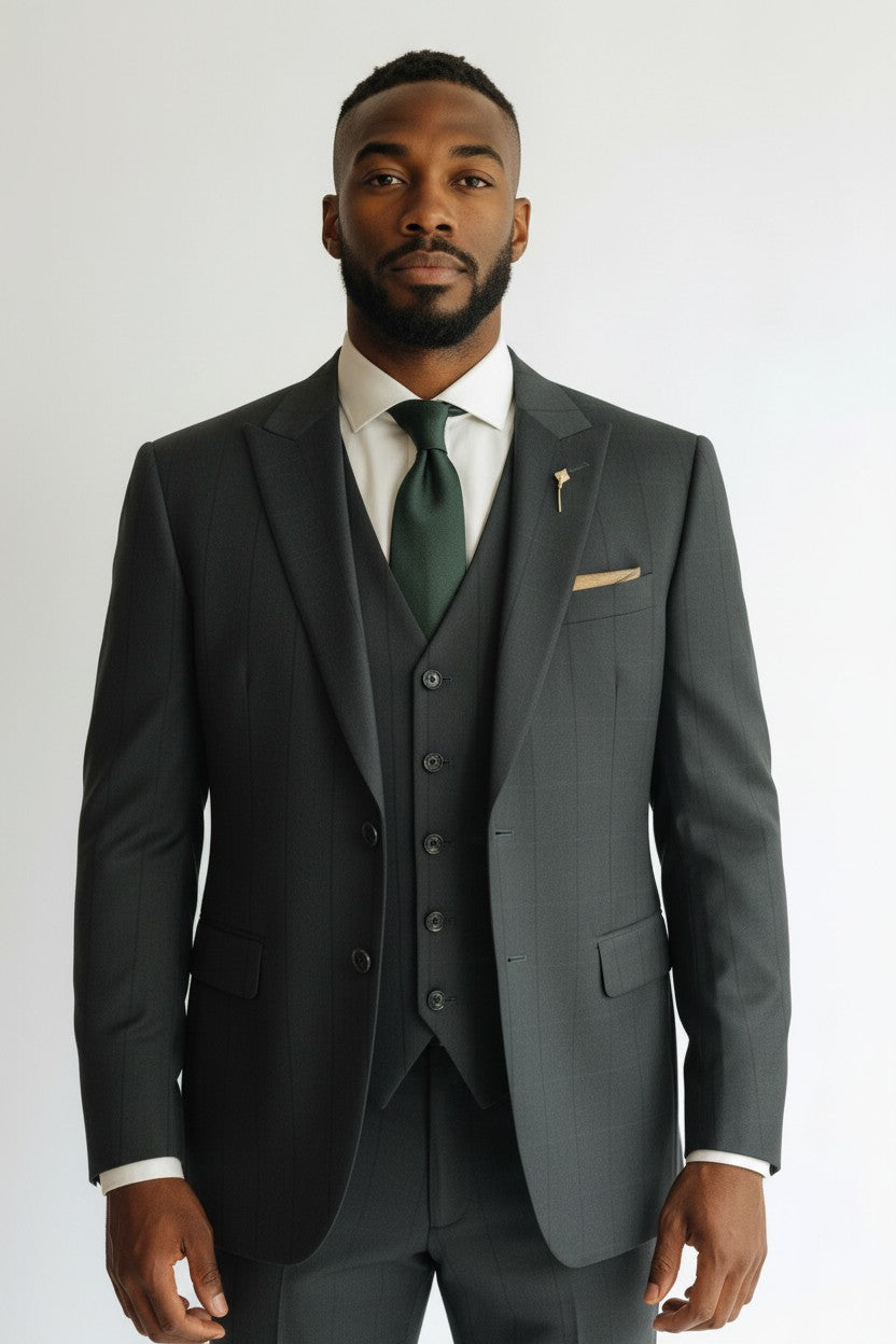 Men’s Forest Green Checkered 3-Piece Suit – Modern Textured Formalwear