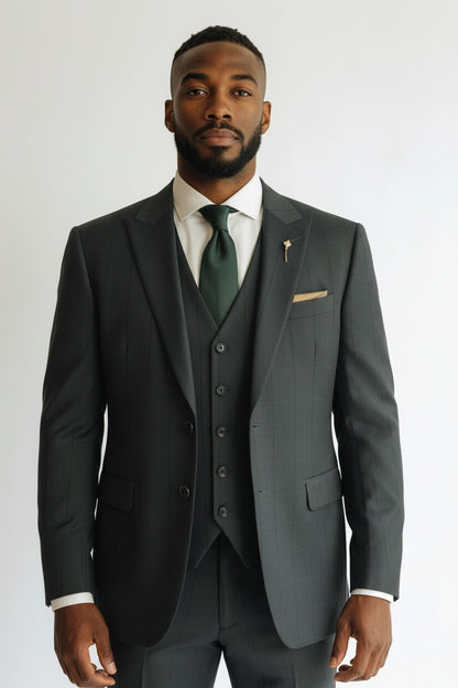 Men’s Forest Green Checkered 3-Piece Suit – Modern Textured Formalwear