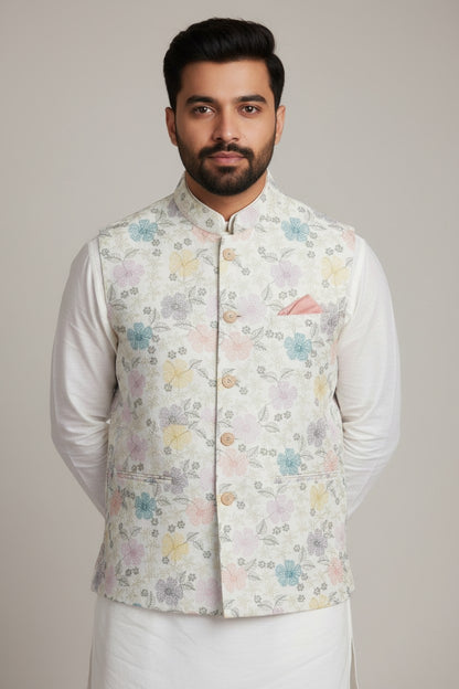 Men’s Pastel Floral Printed Nehru Jacket - Elegant Daytime Festive Wear