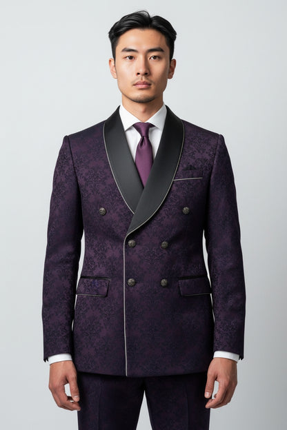 Men’s Purple Jacquard Double-Breasted Tuxedo with Black Shawl Lapel – Luxury Designer Blazer