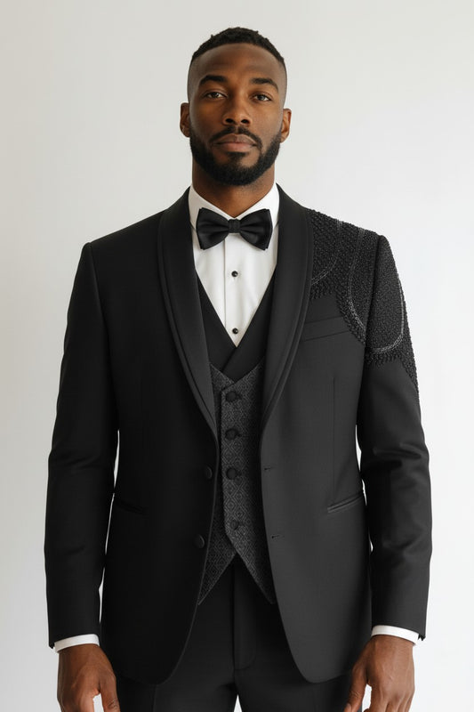 Men’s Black Embroidered Shoulder Tuxedo – Luxury 3-Piece Designer Suit