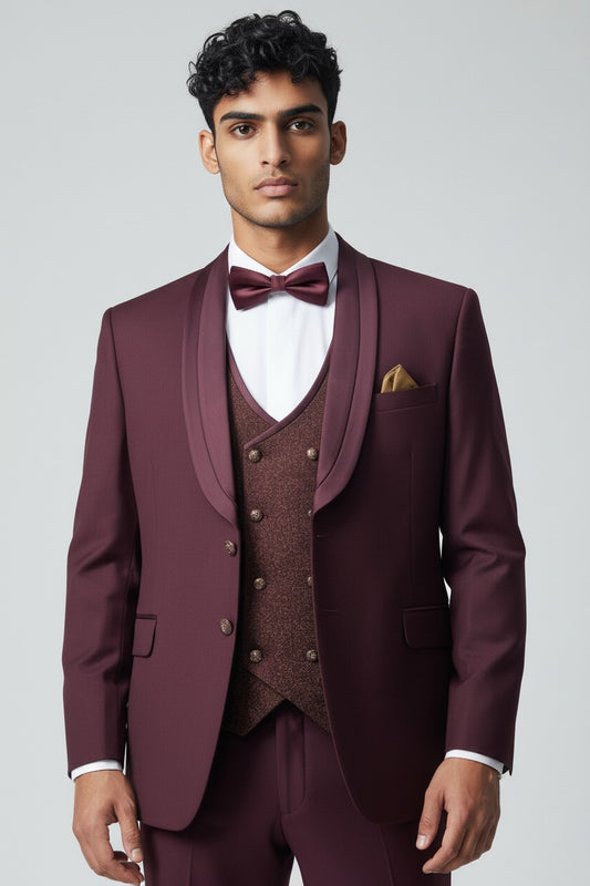 Men’s Burgundy 3-Piece Suit – Shawl Lapel Wedding & Formalwear Set