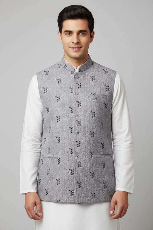 Men’s Light Lavender Textured Embroidered Nehru Jacket – Elegant Festive Wear